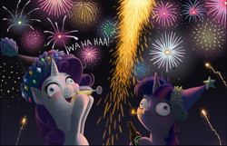 Size: 1460x940 | Tagged: safe, artist:dalapony, character:rarity, character:twilight sparkle, cropped, derp, faec, fireworks, wahaha