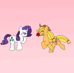 Size: 2610x2547 | Tagged: safe, artist:huffy26, character:applejack, character:rarity, ship:rarijack, blushing, eyes closed, female, flower, lesbian, pink background, shipping, simple background, walking