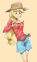 Size: 663x1100 | Tagged: safe, artist:invisibleone11, character:applejack, equestria girls:legend of everfree, g4, my little pony: equestria girls, my little pony:equestria girls, boob window, breasts, camp fashion show outfit, choker, cleavage, clothing, cowboy hat, cute, female, hat, jackabetes, off shoulder, simple background, solo, yellow background