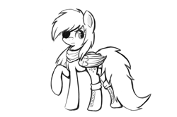 Size: 1939x1290 | Tagged: safe, artist:ailynd, character:derpy hooves, species:pegasus, species:pony, clothing, eyepatch, female, hoof boots, mare, monochrome, raised hoof, scarf, simple background, solo