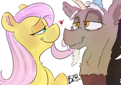 Size: 900x632 | Tagged: safe, artist:bow2yourwaifu, character:discord, character:fluttershy, ship:discoshy, blushing, cute, eye contact, heart, love, male, shipping, straight