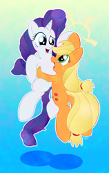 Size: 758x1200 | Tagged: safe, artist:stec-corduroyroad, character:applejack, character:rarity, species:earth pony, species:pony, species:unicorn, ship:rarijack, bonding, cordy, female, happy, hoofbump, hug, jumping, lesbian, mare, open mouth, shipping, smiling