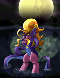 Size: 1614x2104 | Tagged: safe, artist:stec-corduroyroad, character:steven magnet, oc, oc only, oc:corduroy road, species:earth pony, species:pony, bipedal, bodysuit, clothing, costume, eyes closed, facial hair, lake, magnet, male, monster, moon, moustache, night, nightmare, nightmare night, outfit, reflection, solo, stallion, tail, water