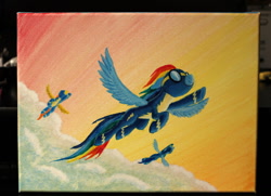Size: 1280x929 | Tagged: safe, artist:horseez, character:rainbow dash, character:soarin', character:spitfire, species:pony, acrylic painting, cloud, flying, painting, traditional art, wonderbolts