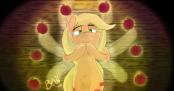 Size: 5000x2616 | Tagged: safe, artist:bow2yourwaifu, character:applejack, apple, chill, enlightenment, female, food, overwatch, peace, solo, that pony sure does love apples, zenyatta