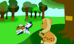 Size: 5000x3000 | Tagged: safe, artist:allonsbro, character:applejack, character:soarin', oc, parent:applejack, parent:soarin', parents:soarinjack, species:earth pony, species:pegasus, species:pony, ship:soarinjack, absurd resolution, applejack's parents, feather, laughing, male, memorial, missing accessory, next generation, offspring, on back, plaque, prone, shipping, spread wings, straight, wings