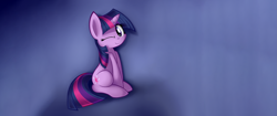 Size: 3413x1440 | Tagged: safe, artist:sheandog, edit, character:twilight sparkle, character:twilight sparkle (unicorn), species:pony, species:unicorn, cute, female, looking at you, one eye closed, sitting, smiling, solo, twiabetes, ultra widescreen, wallpaper, wallpaper edit, widescreen, wink