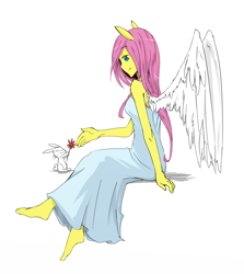 Size: 1024x1149 | Tagged: safe, artist:ixalon, artist:ya0427, edit, character:angel bunny, character:fluttershy, species:human, barefoot, clothing, color edit, colored, colored eyes, cute, dress, eared humanization, eyes closed, feet, flower, gown, humanized, lidded eyes, simple background, sitting, skinny, smiling, spread wings, white background, winged humanization, wings