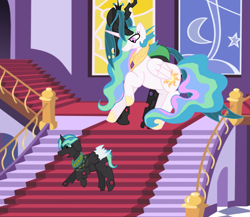 Size: 3136x2720 | Tagged: safe, artist:glamgoria-morose, character:princess celestia, character:queen chrysalis, oc, oc:ambrosia, parent:princess celestia, parent:queen chrysalis, parents:chryslestia, species:alicorn, species:changeling, species:changepony, species:pony, ship:chryslestia, changeling queen, cute, cutealis, cutelestia, female, hybrid, interspecies offspring, lesbian, magical lesbian spawn, male, mommy chrissy, mother and son, ocbetes, offspring, shipping