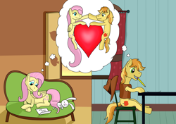Size: 3840x2700 | Tagged: safe, artist:allonsbro, character:angel bunny, character:braeburn, character:fluttershy, ship:braeshy, male, shipping, straight