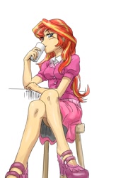 Size: 700x1065 | Tagged: safe, artist:invisibleone11, character:sunset shimmer, equestria girls:friendship games, g4, my little pony: equestria girls, my little pony:equestria girls, beautiful, beverage, chair, clothing, crossed legs, dress, drinking, female, high heels, legs, looking at you, shoes, simple background, sitting, skirt, solo, upskirt denied, white background