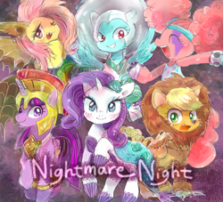 Size: 962x874 | Tagged: dead source, safe, artist:osawari64, character:applejack, character:fluttershy, character:pinkie pie, character:rainbow dash, character:rarity, character:twilight sparkle, character:twilight sparkle (alicorn), species:alicorn, species:pony, animal costume, applelion, astrodash, athena sparkle, clothing, costume, flutterbat costume, mane six, mermaid, mermarity, nightmare night, nightmare night costume, pinkie puffs
