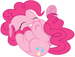 Size: 6300x4800 | Tagged: safe, artist:atmospark, character:pinkie pie, species:earth pony, species:pony, absurd resolution, cheek fluff, curled up, cute, diapinkes, eyes closed, female, floppy ears, hnnng, mare, on back, simple background, smiling, solo, transparent background, underhoof, vector, weapons-grade cute