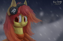 Size: 2000x1312 | Tagged: safe, artist:jesseorange, oc, oc only, oc:flamespitter, clothing, cute, headphones, scarf, smiling, snow, snowfall, solo, winter