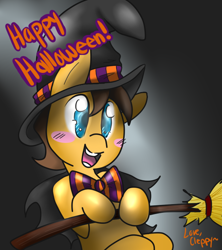 Size: 566x638 | Tagged: safe, artist:cleppyclep, character:caramel, bow, broom, caramel is awesome, clothing, hat, witch
