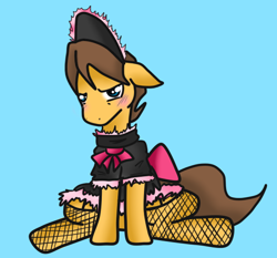 Size: 550x512 | Tagged: safe, artist:cleppyclep, character:caramel, blushing, bow, clothing, crossdressing, dress, fishnets, maid, simple background, solo