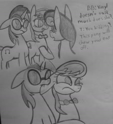 Size: 1280x1410 | Tagged: safe, artist:poorlydrawnpony, character:bon bon, character:dj pon-3, character:octavia melody, character:sweetie drops, character:vinyl scratch, biting, dialogue, ear bite, grayscale, literal, monochrome, mute vinyl, open mouth, pun, raised hoof, traditional art, visual gag