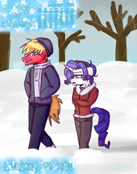 Size: 540x683 | Tagged: safe, artist:fluffyrainbowkitty, character:big mcintosh, character:rarity, species:anthro, ship:rarimac, clothing, cute, height difference, male, scarf, shipping, snow, straight, winter