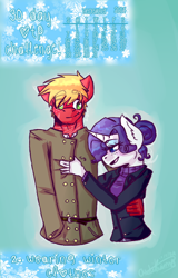 Size: 436x683 | Tagged: safe, artist:fluffyrainbowkitty, character:big mcintosh, character:rarity, species:anthro, ship:rarimac, clothing, cute, height difference, male, scarf, shipping, snow, straight, winter