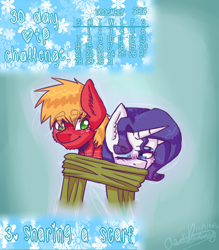 Size: 488x556 | Tagged: safe, artist:fluffyrainbowkitty, character:big mcintosh, character:rarity, species:anthro, species:earth pony, species:pony, species:unicorn, ship:rarimac, 30 day otp challenge, clothing, cute, height difference, male, scarf, shared clothing, shared scarf, shipping, snow, straight, winter
