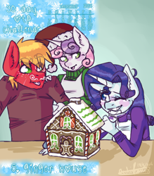 Size: 488x556 | Tagged: safe, artist:fluffyrainbowkitty, character:big mcintosh, character:rarity, character:sweetie belle, species:anthro, ship:rarimac, 30 day otp challenge, clothing, cute, gingerbread house, height difference, male, shipping, straight, winter