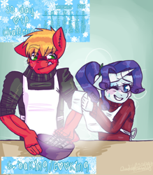 Size: 488x556 | Tagged: safe, artist:fluffyrainbowkitty, character:big mcintosh, character:rarity, species:anthro, ship:rarimac, 30 day otp challenge, clothing, cooking, cute, height difference, male, scarf, shipping, snow, straight, winter