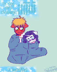 Size: 484x610 | Tagged: safe, artist:fluffyrainbowkitty, character:big mcintosh, character:rarity, species:anthro, ship:rarimac, 30 day otp challenge, blanket, clothing, cute, height difference, male, scarf, shipping, sleeping, snoring, snow, snuggling, straight, winter