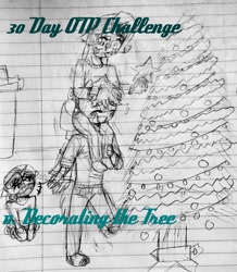 Size: 1024x1173 | Tagged: safe, artist:fluffyrainbowkitty, character:big mcintosh, character:rarity, character:sweetie belle, species:anthro, ship:rarimac, 30 day otp challenge, blushing, christmas tree, clothing, cute, grayscale, group, height difference, lined paper, male, monochrome, piggyback ride, shipping, sketch, straight, traditional art, winter