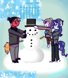 Size: 488x556 | Tagged: safe, artist:fluffyrainbowkitty, character:big mcintosh, character:rarity, character:sweetie belle, species:anthro, species:earth pony, species:pony, species:unicorn, ship:rarimac, 30 day otp challenge, clothing, cute, hat, height difference, male, scarf, shipping, snowman, straight, top hat, winter