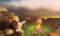 Size: 964x571 | Tagged: safe, artist:lmgchikess, character:angel bunny, character:fluttershy, abstract, duo, looking away, rear view, sunrise