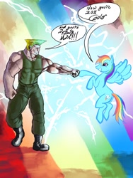 Size: 1800x2400 | Tagged: safe, artist:tofutiles, character:rainbow dash, crossover, guile, hoofbump, street fighter