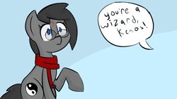 Size: 854x480 | Tagged: safe, artist:provolonepone, derpibooru original, oc, oc only, oc:kenos, species:earth pony, species:pony, clothing, glasses, harry potter, my little pony, reference, scarf, solo, surprised, wizard