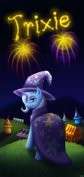 Size: 1200x2520 | Tagged: safe, artist:shrineheart, character:trixie, fireworks, smiling