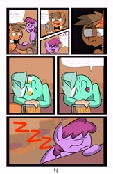 Size: 6742x10342 | Tagged: safe, artist:provolonepone, character:berry punch, character:berryshine, character:lyra heartstrings, oc, species:pony, comic:lyra's verse, absurd resolution, bow tie, cider, comic, cross-popping veins, sleeping, xd, zzz