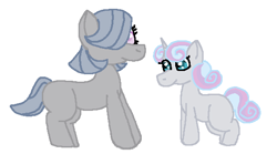 Size: 569x317 | Tagged: safe, artist:glamgoria-morose, oc, oc only, oc:dovetail shuffle, oc:mercury fold, parent:maud pie, parent:trixie, parents:mauxie, species:earth pony, species:pony, species:unicorn, blank flank, female, filly, hair over one eye, magical lesbian spawn, offspring, simple background, white background