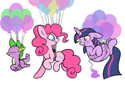 Size: 2500x1700 | Tagged: safe, artist:selective-yellow, character:pinkie pie, character:spike, character:twilight sparkle, character:twilight sparkle (unicorn), species:dragon, species:earth pony, species:pony, species:unicorn, ship:twinkie, balloon, blush sticker, blushing, eyes closed, female, floating, lesbian, male, mare, monocle, shipping, simple background, transparent background, trio