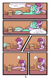 Size: 6742x10342 | Tagged: safe, artist:provolonepone, character:berry punch, character:berryshine, character:lyra heartstrings, species:earth pony, species:pony, species:unicorn, comic:lyra's verse, absurd resolution, cider, comic, dialogue, duo, hug