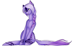 Size: 2628x1710 | Tagged: safe, artist:midfire, oc, oc only, oc:purple haze, species:earth pony, species:pony, art trade, braid, female, mare, simple background, sitting, solo, transparent background