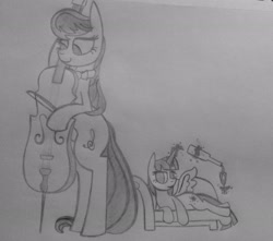 Size: 2069x1825 | Tagged: safe, artist:poorlydrawnpony, character:octavia melody, character:twilight sparkle, character:twilight sparkle (alicorn), species:alicorn, species:pony, alcohol, bedroom eyes, cello, couch, female, lesbian, magic, monochrome, musical instrument, shipping, telekinesis, traditional art, twitavia, wine
