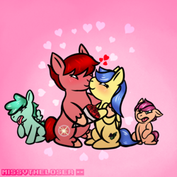 Size: 1000x1000 | Tagged: safe, artist:missvtheloser, oc, oc only, oc:little dipper, oc:melody star, oc:north star, oc:wineberry, parent:oc:north star, parent:oc:wineberry, parents:winestar, heart, kissing, shipping, winestar