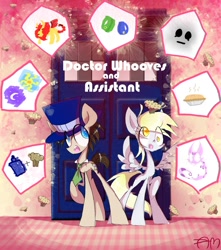 Size: 1080x1224 | Tagged: dead source, safe, artist:yuji8sushi, character:derpy hooves, character:doctor whooves, character:time turner, species:earth pony, species:pegasus, species:pony, doctor who, doctor whooves and assistant, duo, female, male, mare, necktie, raised hoof, stallion, tardis, the doctor