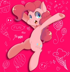 Size: 1544x1602 | Tagged: safe, artist:koto, character:pinkie pie, species:earth pony, species:pony, female, jumping, looking at you, mare, solo