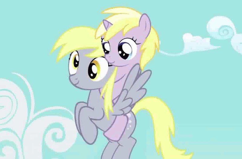 Size: 800x524 | Tagged: safe, artist:toucanldm, character:derpy hooves, character:dinky hooves, species:pegasus, species:pony, animated, cute, equestria's best mother, female, flying, gif, headcanon, mare, mother and daughter, ponies riding ponies, sonic meets my little pony, wrong eye color, youtube link