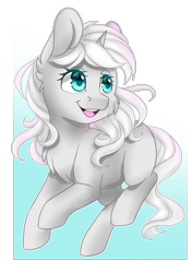 Size: 2893x4092 | Tagged: safe, artist:pillonchou, oc, oc only, oc:zancii, species:pony, species:unicorn, absurd resolution, blank flank, colored pupils, commission, cute, female, looking back, mare, ocbetes, open mouth, raised hoof, smiling, solo, white hair, white mane, ych result