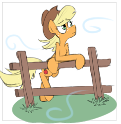 Size: 676x694 | Tagged: safe, artist:provolonepone, character:applejack, species:pony, clothing, female, fence, hat, outdoors, solo, windy
