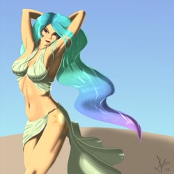 Size: 1500x1500 | Tagged: safe, artist:deilan12, character:princess celestia, species:human, arm behind head, armpits, belly button, breasts, cleavage, cutie mark on human, female, humanized, loincloth, midriff, sexy, solo, stupid sexy celestia
