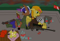 Size: 1280x886 | Tagged: safe, artist:aurumluxetal, oc, oc only, oc:night letter, oc:obsolete tech, species:pegasus, species:pony, fallout equestria, gun, rifle, shotgun, sniper, sparkle cola, story, story included, toaster, weapon