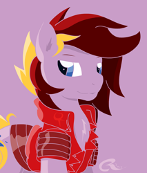 Size: 1090x1280 | Tagged: safe, artist:stec-corduroyroad, oc, oc only, oc:corduroy road, species:earth pony, species:pony, clothing, cutie mark, digital art, jacket, long mane, looking at you, male, pink, red, smiling, stallion