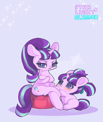 Size: 1000x1183 | Tagged: safe, artist:mirululu, character:starlight glimmer, species:pony, species:unicorn, crossed hooves, cushion, cute, double the glimmer, female, filly, filly starlight glimmer, glimmerbetes, looking up, mare, pigtails, ponidox, self ponidox, sitting, younger