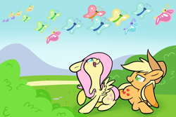 Size: 1600x1068 | Tagged: safe, artist:selective-yellow, character:applejack, character:fluttershy, species:earth pony, species:pegasus, species:pony, ship:appleshy, butterfly, butterfly migration, duo, female, floppy ears, happy, insect, lesbian, looking up, lying down, mare, migration, open mouth, prone, raised hoof, shipping, sitting, smiling
